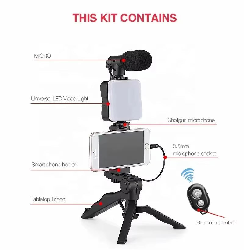 Smartphone Vlogging Kit with Tripod Phone Holder Mini Microphone LED Fill Light