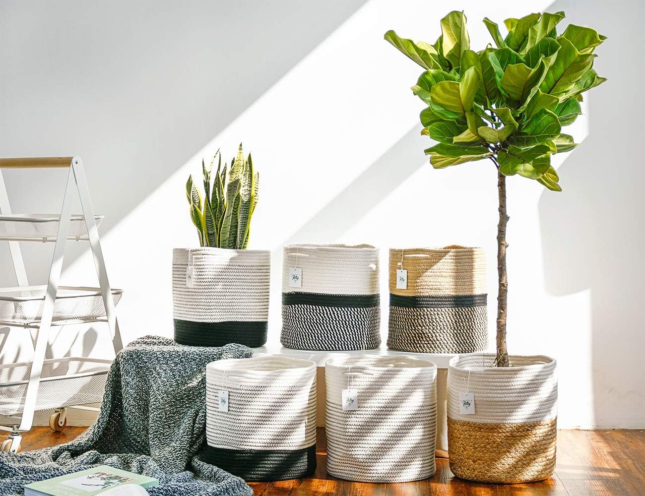 12"X12" Storage Basket Bin Organizer, Sturdy Indoor Floor Planter with Handle, Woven Baskets for up to 11" Flower Pot Plant, Flower, Black and Brown Stripes
