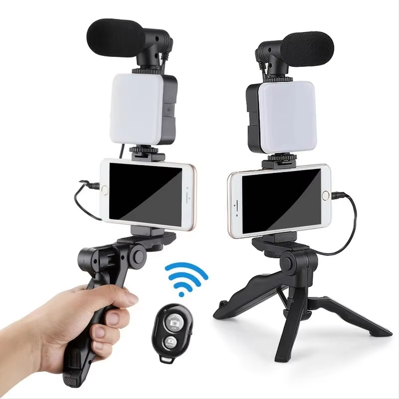 Smartphone Vlogging Kit with Tripod Phone Holder Mini Microphone LED Fill Light