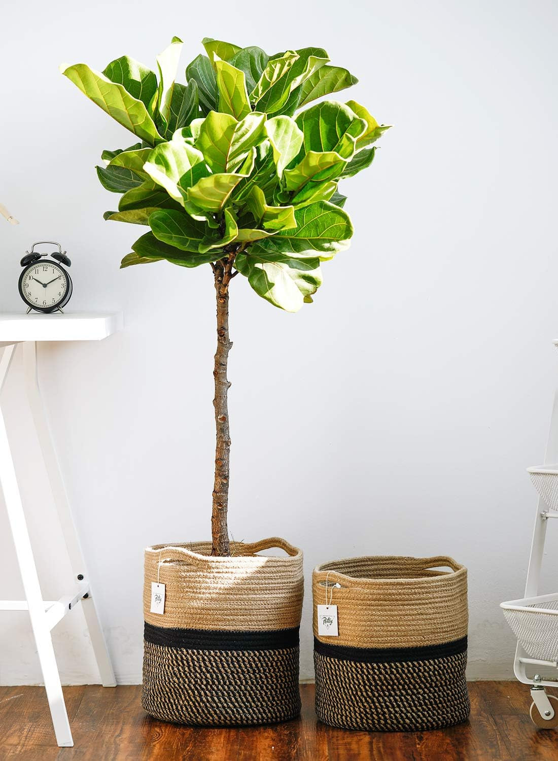 12"X12" Storage Basket Bin Organizer, Sturdy Indoor Floor Planter with Handle, Woven Baskets for up to 11" Flower Pot Plant, Flower, Black and Brown Stripes