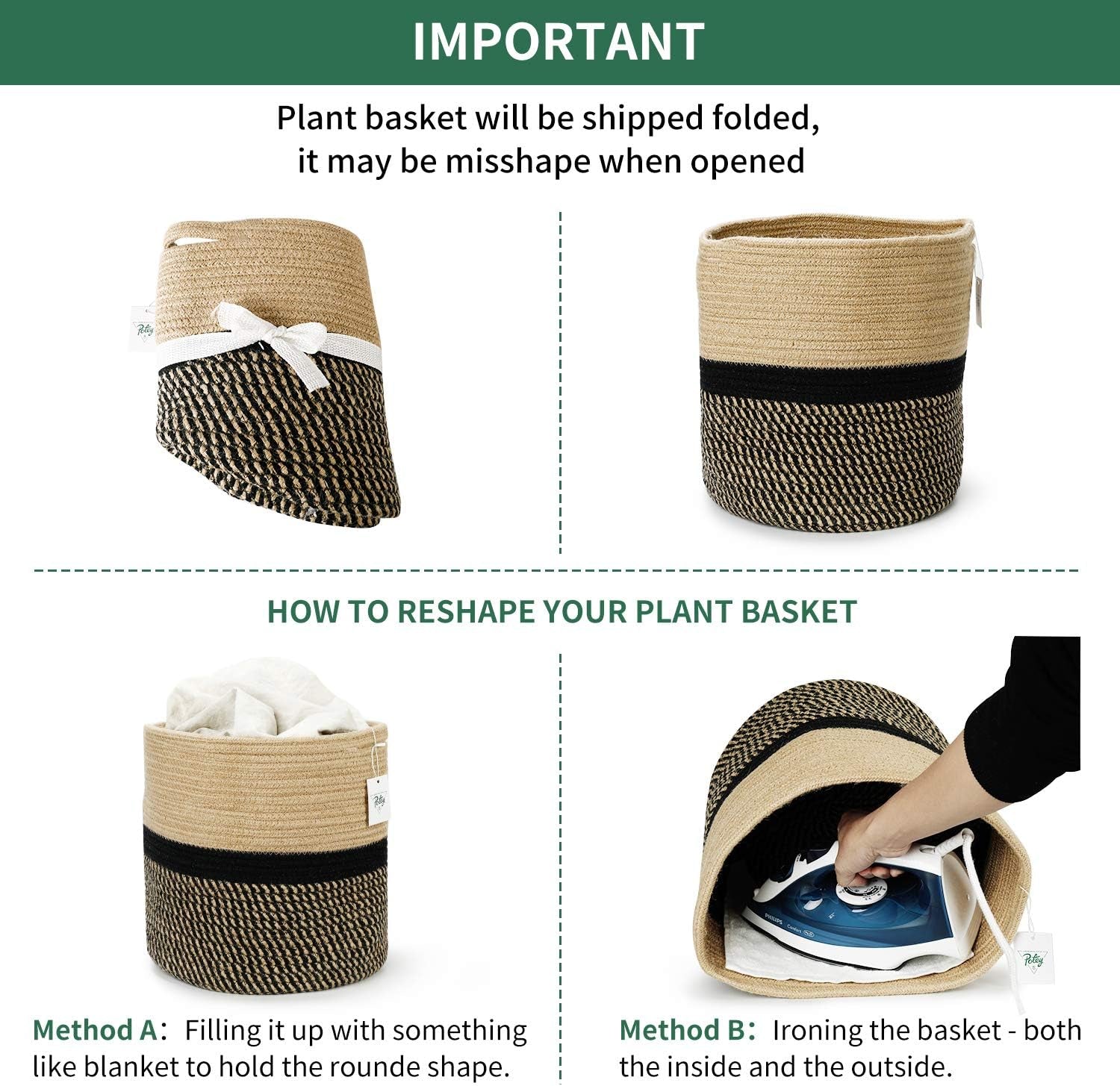 12"X12" Storage Basket Bin Organizer, Sturdy Indoor Floor Planter with Handle, Woven Baskets for up to 11" Flower Pot Plant, Flower, Black and Brown Stripes