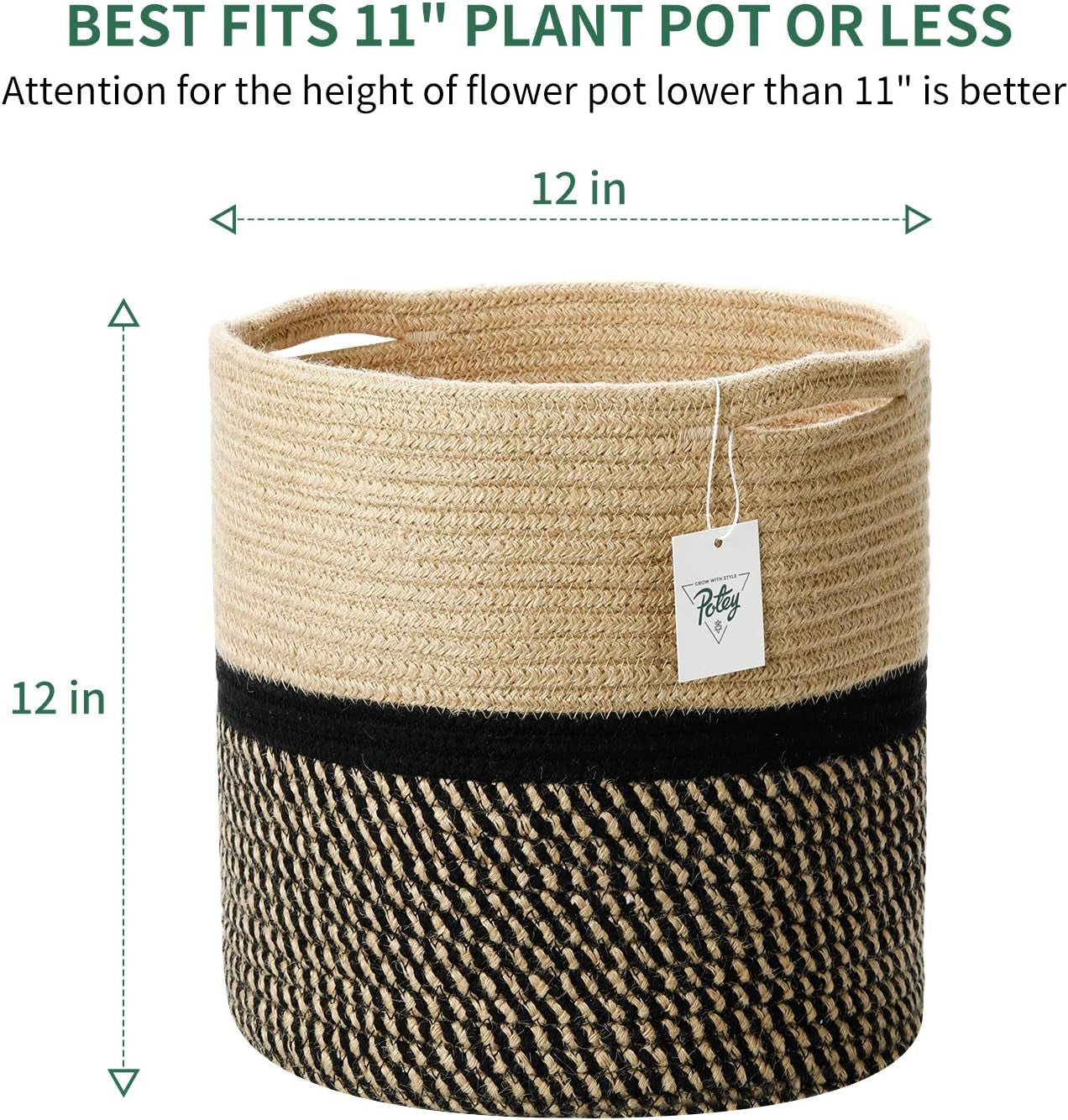 12"X12" Storage Basket Bin Organizer, Sturdy Indoor Floor Planter with Handle, Woven Baskets for up to 11" Flower Pot Plant, Flower, Black and Brown Stripes