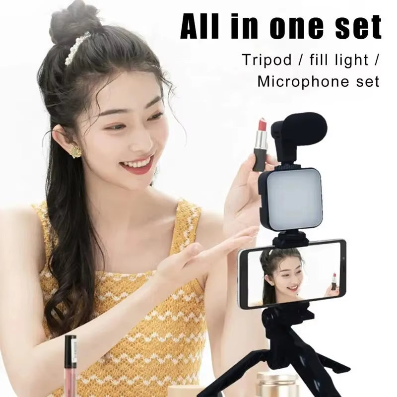 Smartphone Vlogging Kit with Tripod Phone Holder Mini Microphone LED Fill Light