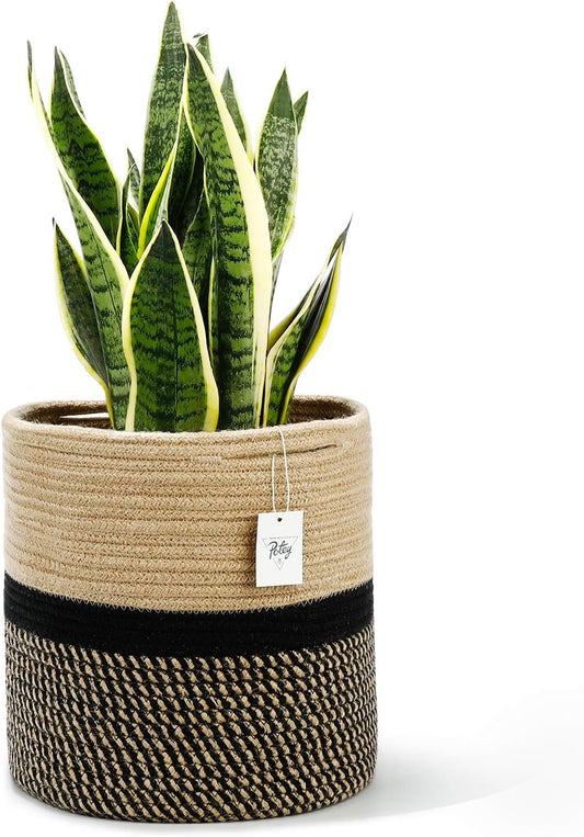 12"X12" Storage Basket Bin Organizer, Sturdy Indoor Floor Planter with Handle, Woven Baskets for up to 11" Flower Pot Plant, Flower, Black and Brown Stripes