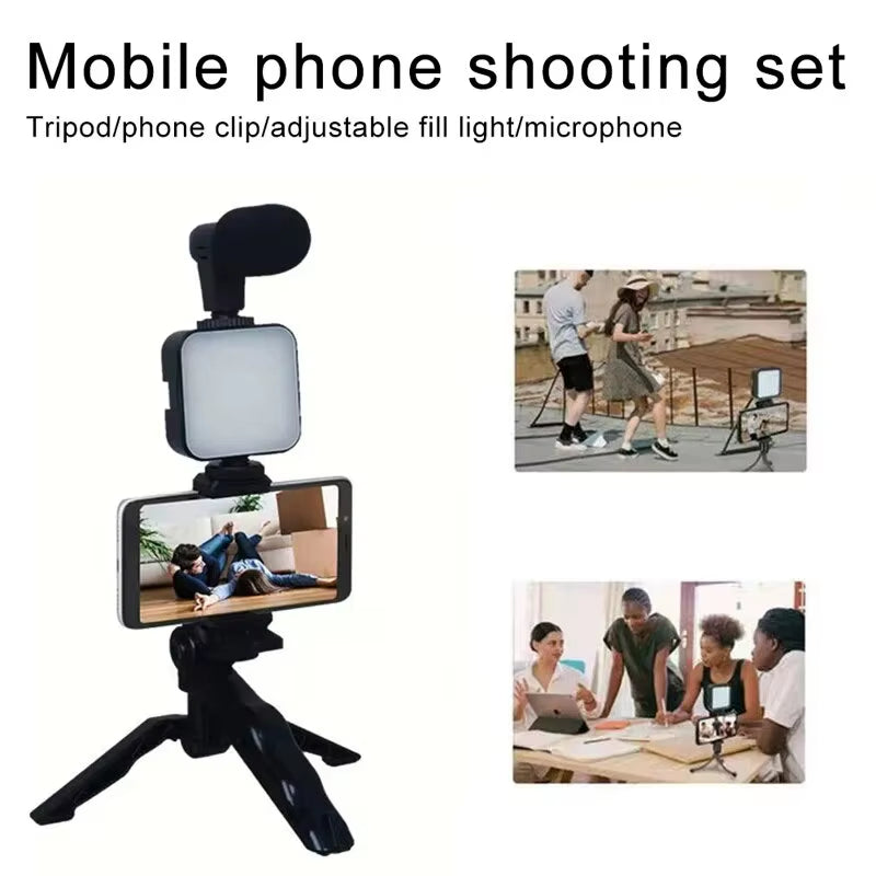 Smartphone Vlogging Kit with Tripod Phone Holder Mini Microphone LED Fill Light